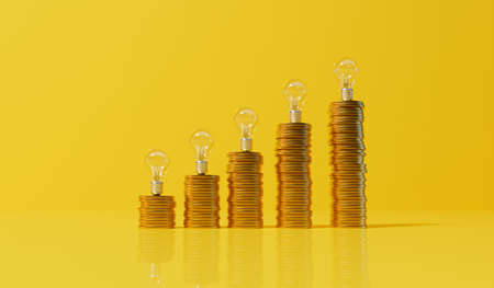 Rising energy cost concept. Light bulb on top of a stack of gold coins. 3D Renderingの写真素材