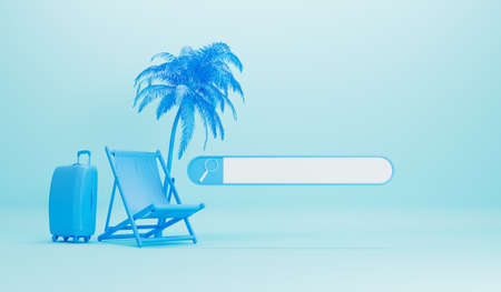 Online summer holiday search bar with deckchair, palm tree and suitcase. 3D Renderingの写真素材