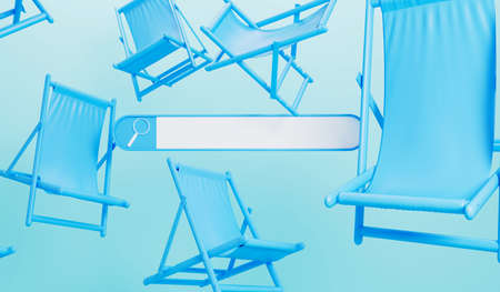 Online summer holiday search. Blank search bar with a deckchair. 3D Rendering