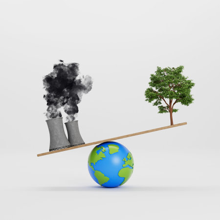 Polluting factory and green tree balancing on a globe. Save the world concept. 3D Renderingの写真素材