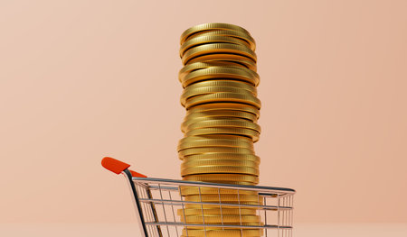 Shopping trolly with stack of gold coins. Inflation concept. 3D Rendering