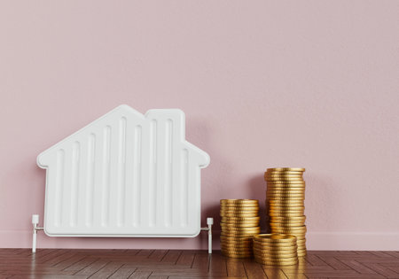 Household energy bills concept. Heating radiator in the shape of a house with a stack of coins. 3D Renderingの写真素材