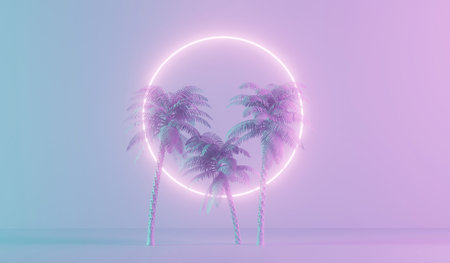 Modern trendy neon glowing light with tropical palm trees. 3D Rendering