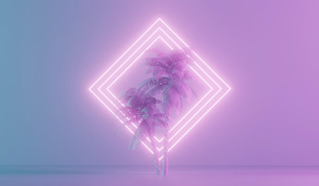 Modern trendy neon glowing light with tropical palm trees. 3D Rendering