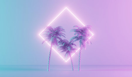 Modern trendy neon glowing light with tropical palm trees. 3D Renderingの写真素材