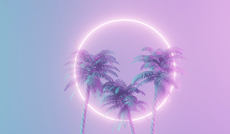 Modern trendy neon glowing light with tropical palm trees. 3D Renderingの写真素材