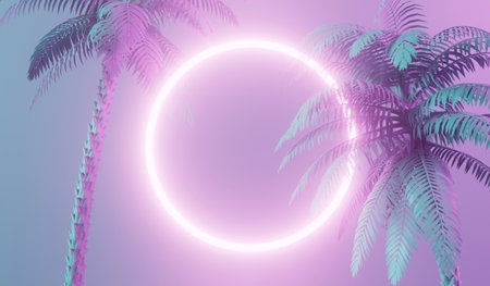 Modern trendy neon glowing light with tropical palm trees. 3D Rendering