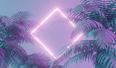 Modern trendy neon glowing light with tropical palm trees. 3D Renderingの写真素材