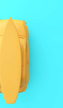 Overhead view of a car with a surfboard on the roof. Summer holiday background. 3D Renderingの写真素材