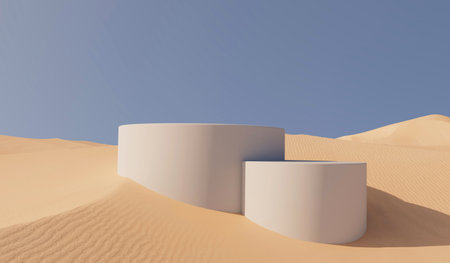 Sunny desert sand landscape with product placement podium. 3D Renderingの写真素材
