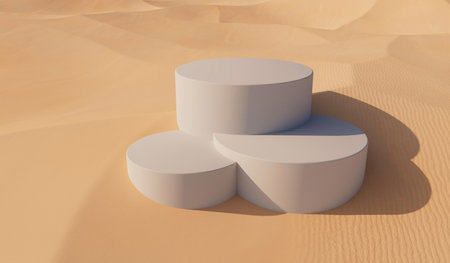 Sunny desert sand landscape with product placement podium. 3D Rendering