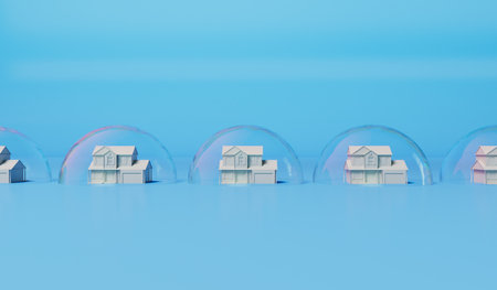 Housing bubble concept. White home in a transparent bubble. Property crisis. 3D Renderingの写真素材