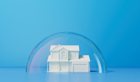 Housing bubble concept. White home in a transparent bubble. Property crisis. 3D Renderingの写真素材