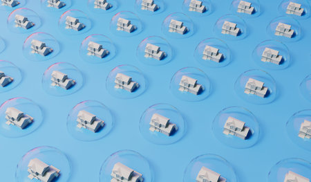 Housing bubble concept. White home in a transparent bubble. Property crisis. 3D Renderingの写真素材