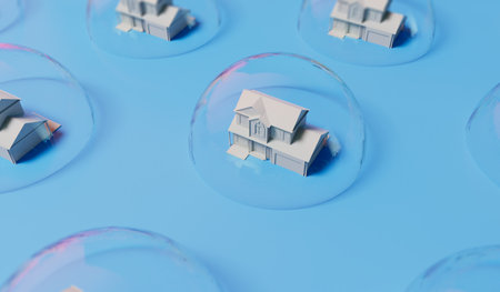 Housing bubble concept. White home in a transparent bubble. Property crisis. 3D Renderingの写真素材