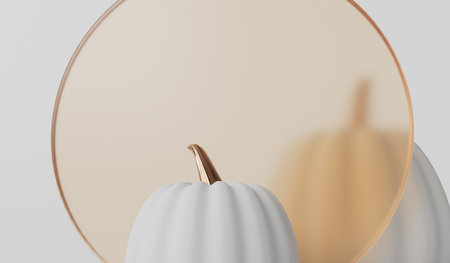White and gold festive pumpkin with a glass frame. Halloween and thanksgiving background. 3D Renderingの写真素材