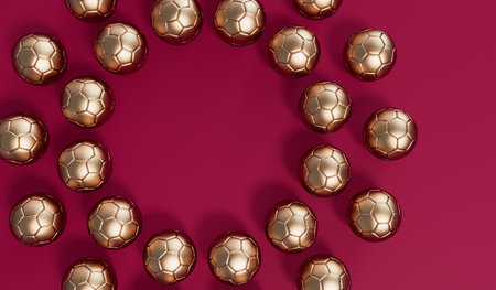 Golden football soccer ball on a burgundy background. 3D Renderingの写真素材