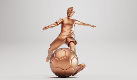 Golden soccer football player kicking a ball in an action pose. 3D Renderingの写真素材