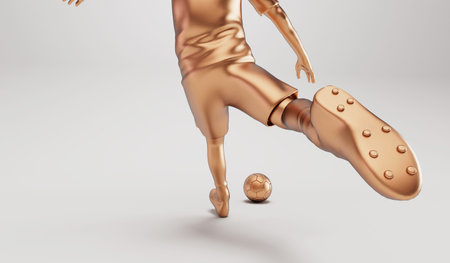 Golden soccer football player kicking a ball in an action pose. 3D Renderingの写真素材