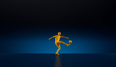 Yellow soccer football player kicking a ball in an action pose. 3D Renderingの写真素材