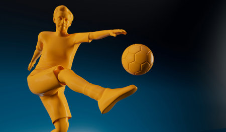 Yellow soccer football player kicking a ball in an action pose. 3D Renderingの写真素材