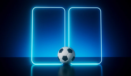 Blue neon futuristic frame with a soccer football. 3D Renderingの写真素材