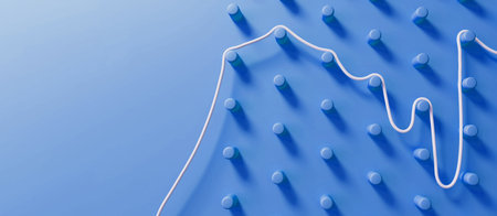 Abstract business problem solving concept. String finding route through a pin board. 3D Renderingの写真素材