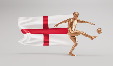 Golden soccer football player kicking a ball with england waving flag. 3D Renderingの写真素材