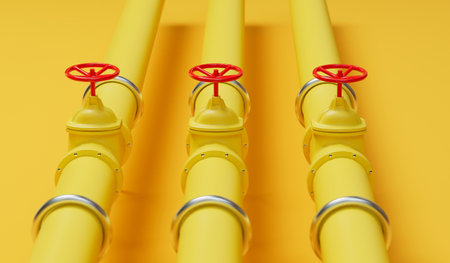 Yellow gas or oil industry pipe lines with red valves. 3D Renderingの写真素材