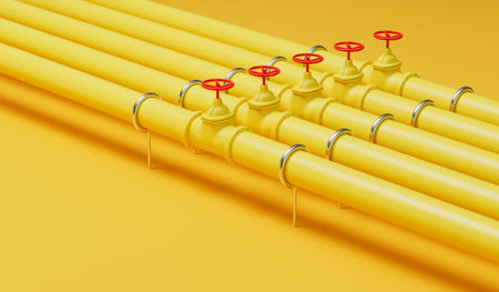 Yellow gas or oil industry pipe lines with red valves. 3D Renderingの写真素材