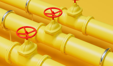 Yellow gas or oil industry pipe lines with red valves. 3D Renderingの写真素材