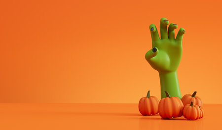 Halloween zombie monster hand reaching out from pumpkins. Halloween background. 3D Renderingの写真素材