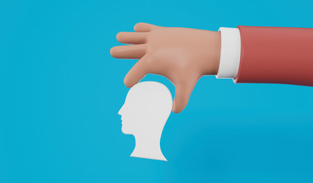 Cartoon hand holding a side profile of a human head. Mental health concept. 3D Rendering