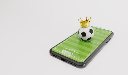 Online soccer concept. Football ball on a smartphone with a football pitch. 3D Renderingの写真素材