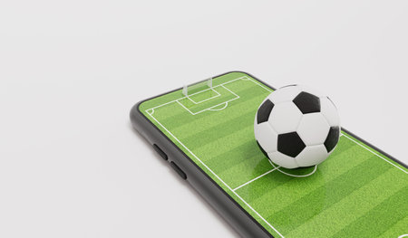 Online soccer concept. Football ball on a smartphone with a football pitch. 3D Renderingの写真素材