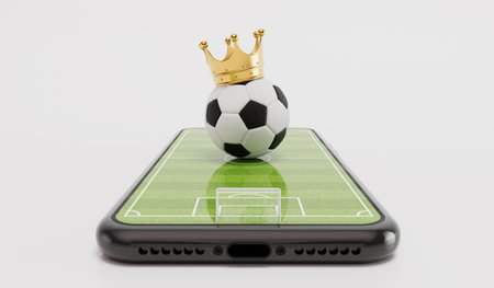 Online soccer concept. Football ball on a smartphone with a football pitch. 3D Renderingの写真素材