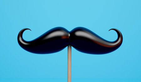 Mustache facial hair on a wooden stick against a blue background. 3D Renderingの写真素材