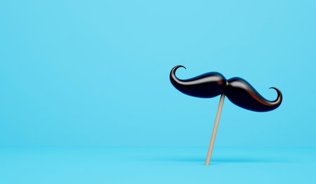 Mustache facial hair on a wooden stick against a blue background. 3D Renderingの写真素材
