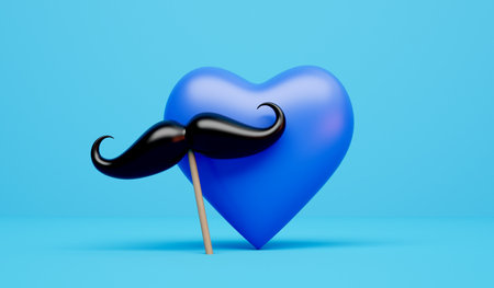 Black mustache facial hair with a blue heart shape. Cancer awareness. 3D Renderingの写真素材