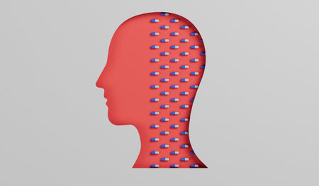Mental health prescription drugs. Head with drug capsule. Antidepressant medication. 3D Rendering