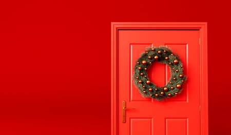 Festive christmas wreath of fir branches on a red front door. 3D Renderingの写真素材