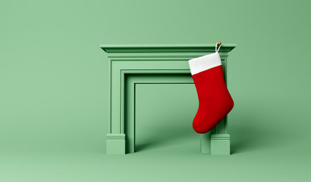 Festive stocking hanging from a fireplace at Christmas. Minimal design. 3D Renderingの写真素材