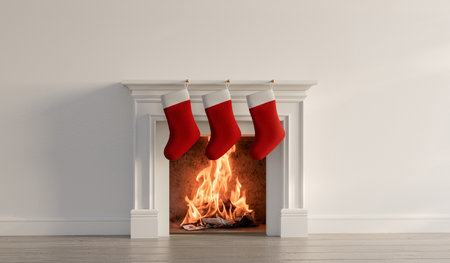 Festive stocking hanging from a fireplace at Christmas. 3D Renderingの写真素材