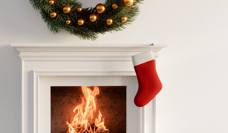 Red christmas stocking hanging on a fireplace. Festive cosy holiday background. 3D Renderingの写真素材