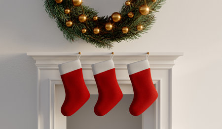 Red christmas stocking hanging on a fireplace. Festive cosy holiday background. 3D Renderingの写真素材