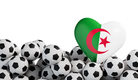 Algeria flag heart with a soccer ball background. Football banner. 3D Renderingの写真素材