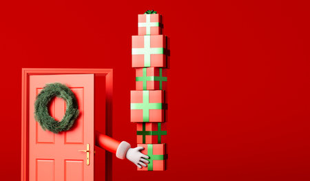 Cartoon Father Christmas hand delivering presents through a red front door. 3D Renderingの写真素材