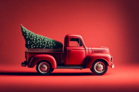 Vintage red christmas truck carrying a fir tree. Festive background. Genrative aiの素材