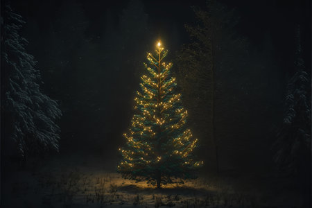 An illuminated christmas tree with glowing lights in the middle of a forest. Generative aiの写真素材
