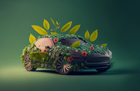 Environmentally friendly vehicle. Car covered in nature, leaves and flowers, green energy. Generative aiの素材